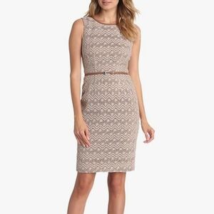 Anne Klein Crochet-lace Sheath Dress With a Brown Belt.